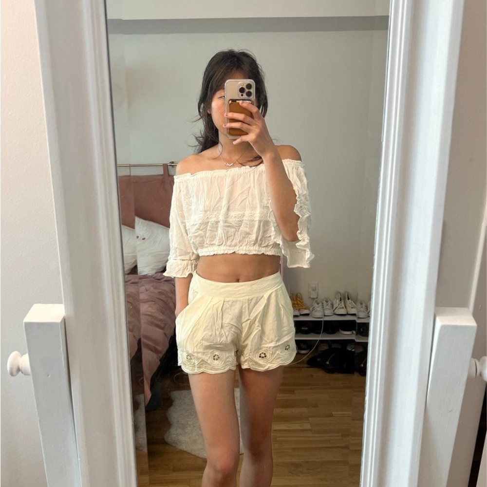 New LF white off the shoulder top with crochet detailing